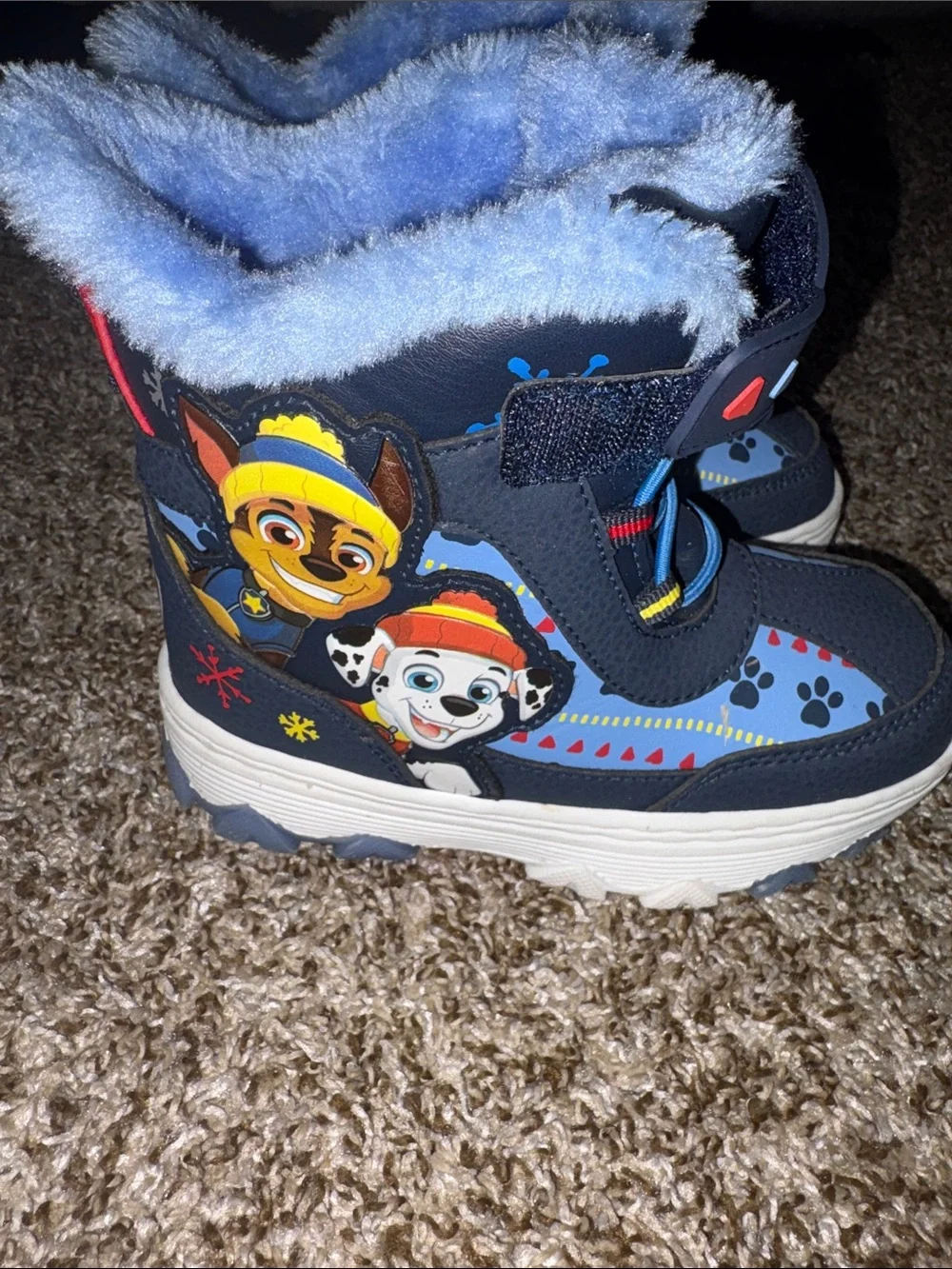 Kids Navy Blue Paw-Print Winter Boots.